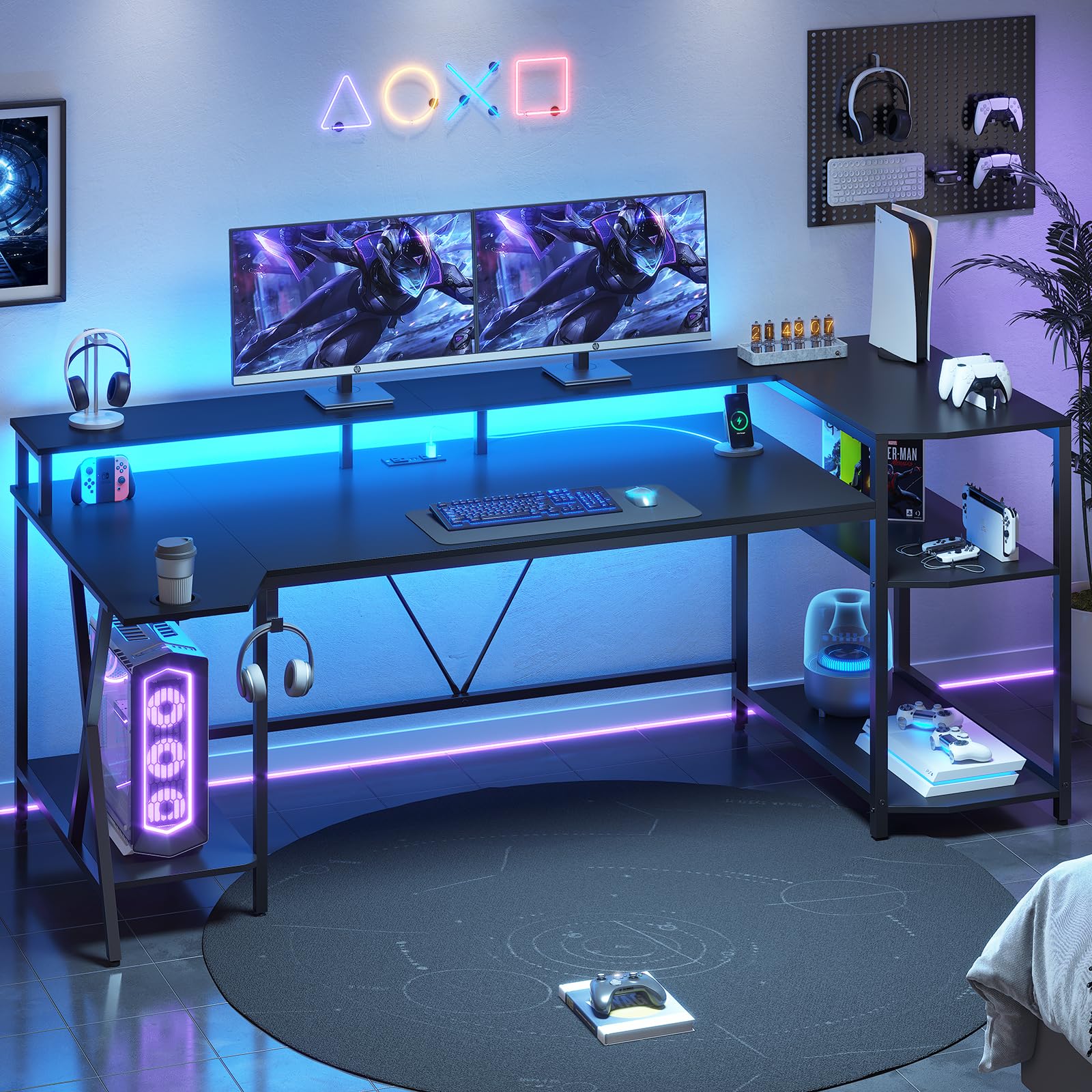 Sedeta Gaming Desk 70.8'' With Led Lights And Storage Shelves, Computer Desk With Monitor Stand, Power Outlets And Cup Holder, Large Pc Gamer Desk, Gaming Table For Bedroom, Living Room, Black